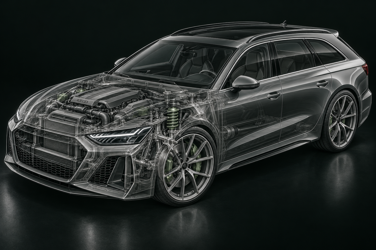 Technical cutaway illustration of a performance estate showing its mechanical systems
