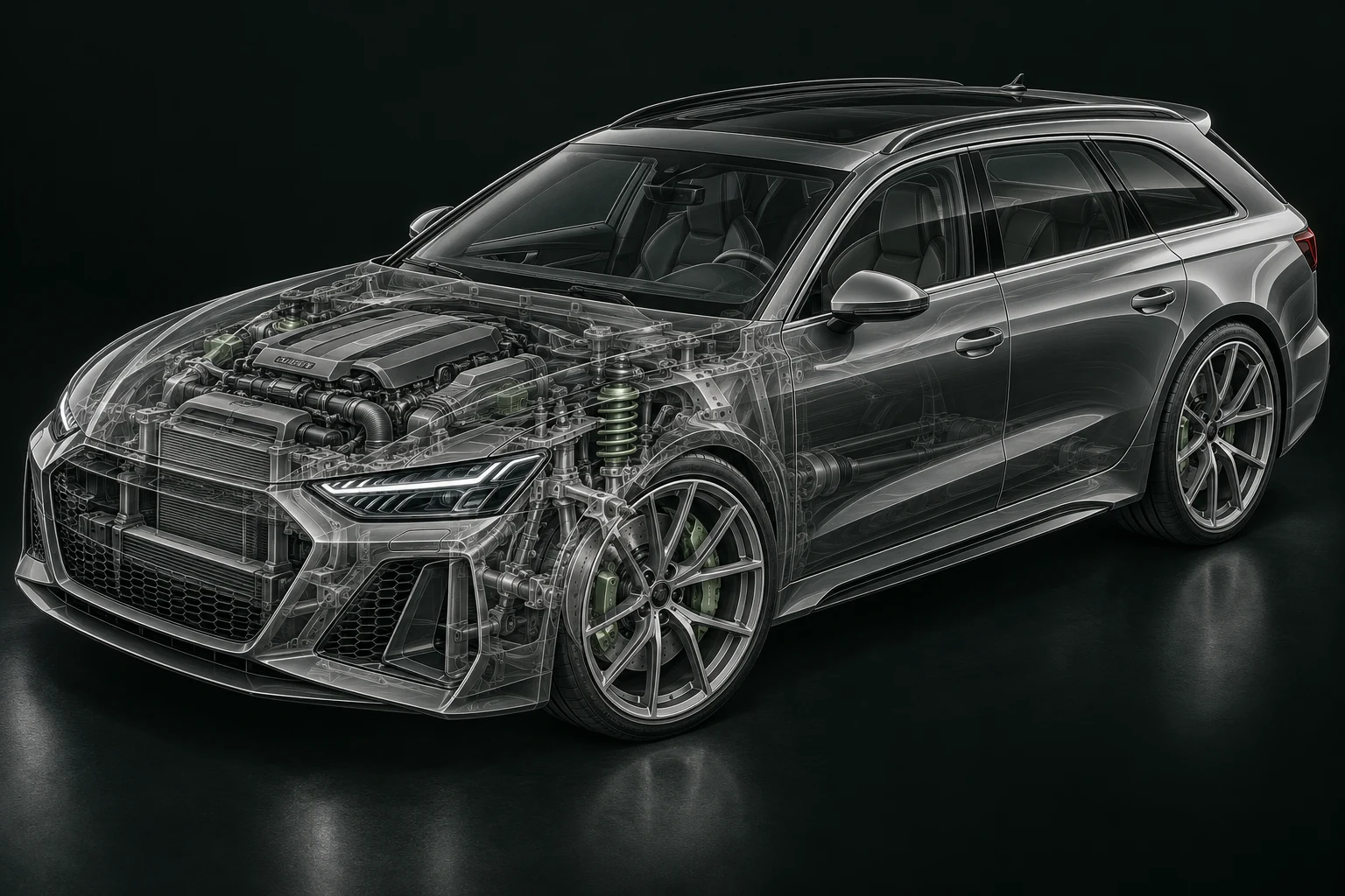 Technical cutaway illustration of a performance estate showing its mechanical systems